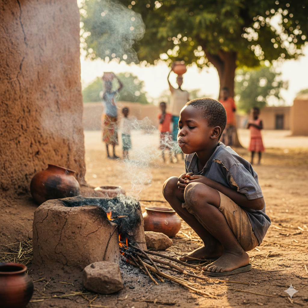 A boy tending a cooking fire